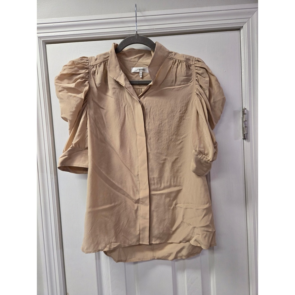 Frame Blush Tan 100% Silk Puff Sleeve Hidden Button Blouse Small Petite SP